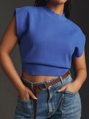Anthropologie Pilcro Biker Muscle Sweater Small Cropped Cobalt Blue Mock Neck